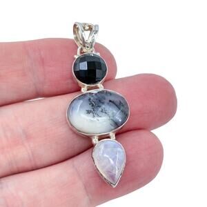 Vintage Sterling Silver 925 Garnet, Dendritic Agate, Moonstone Pendant